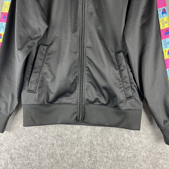 Champion Tricot Track Jacket Mens Medium Black Full Zip Colorful Logo Sporty - Picture 4 of 16